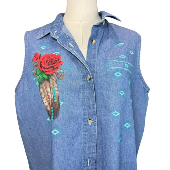 Luna Pier Denim Sleeveless Button-Front Shirt Western Rose Feather Print SZ:L - Picture 2 of 7